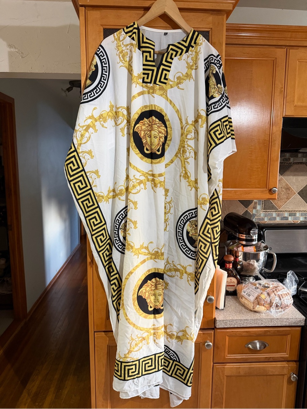 Medusa Print Caftan — White & Gold